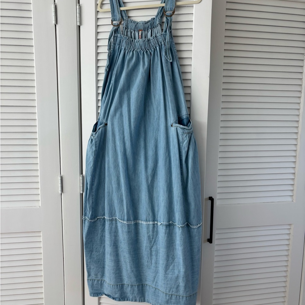 Free People Light Blue Denim Gathered Top